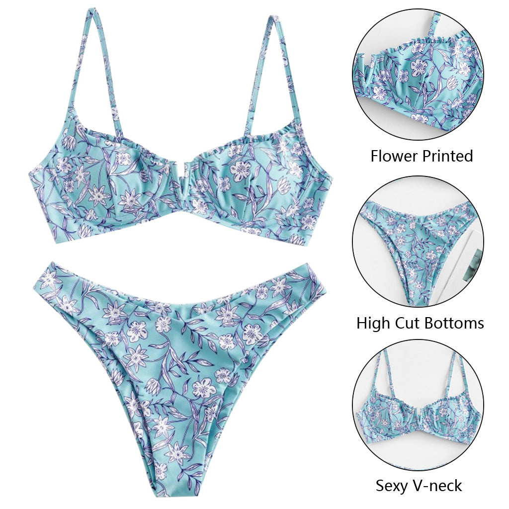 Wave Floral Print Bikini Set